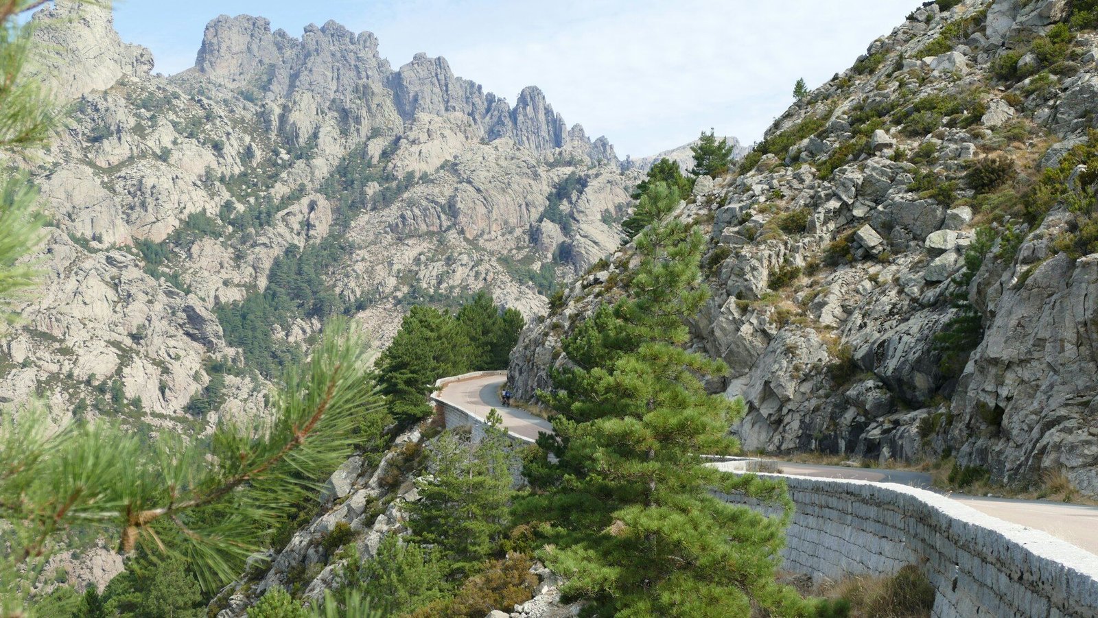 Aiguilles de Bavella granite needles, mountain road through laricio pine forest