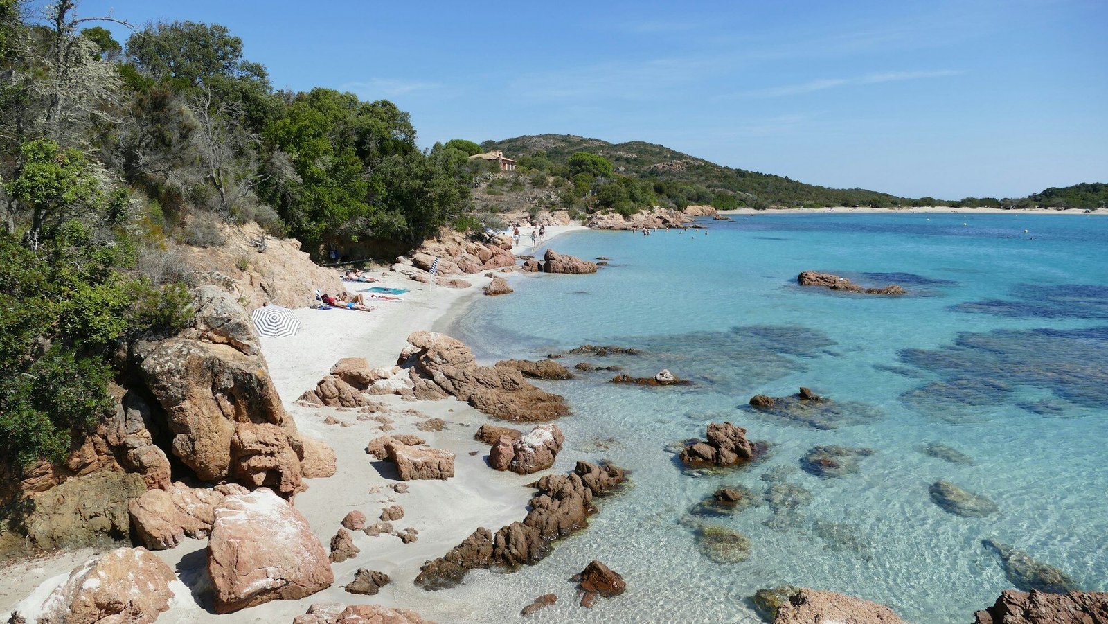 South Corsica beach cove, pink granite boulders, pines to the sand, turquoise water