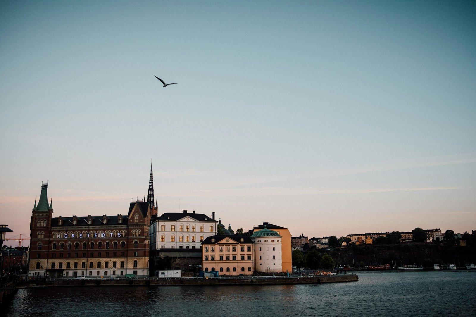 Riddarholm Church on Riddarholmen island, Stockholm, at the water's edge