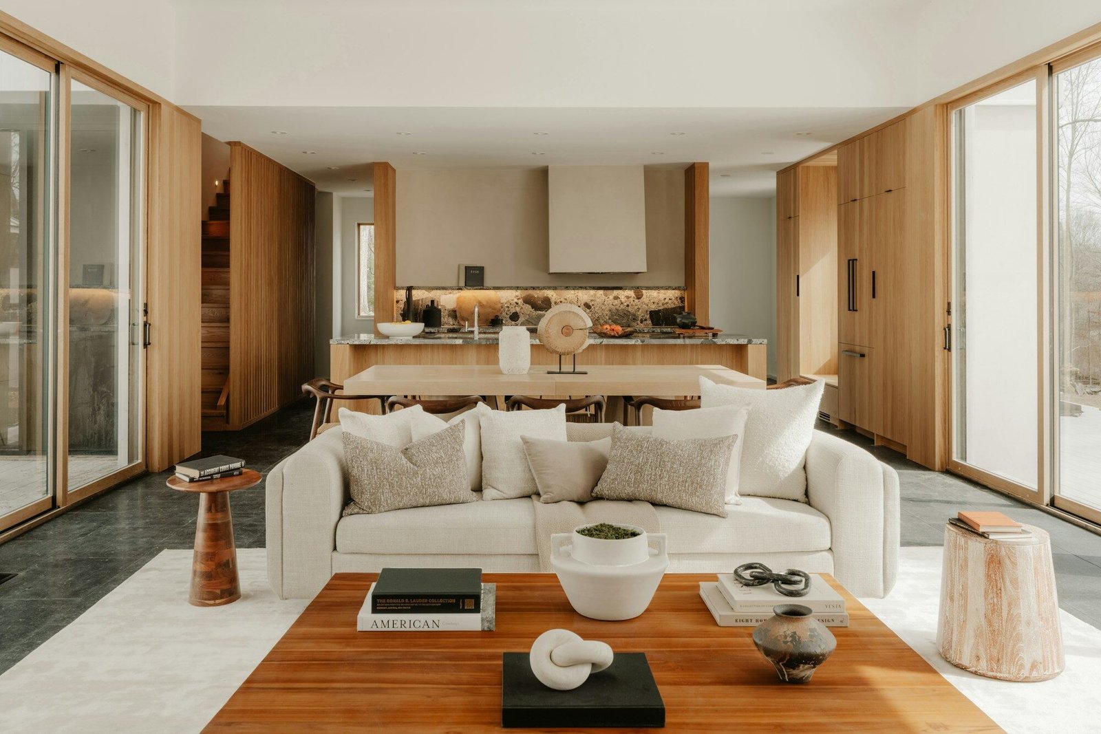 Minimalist Scandinavian-style living space with pale wood accents and natural light