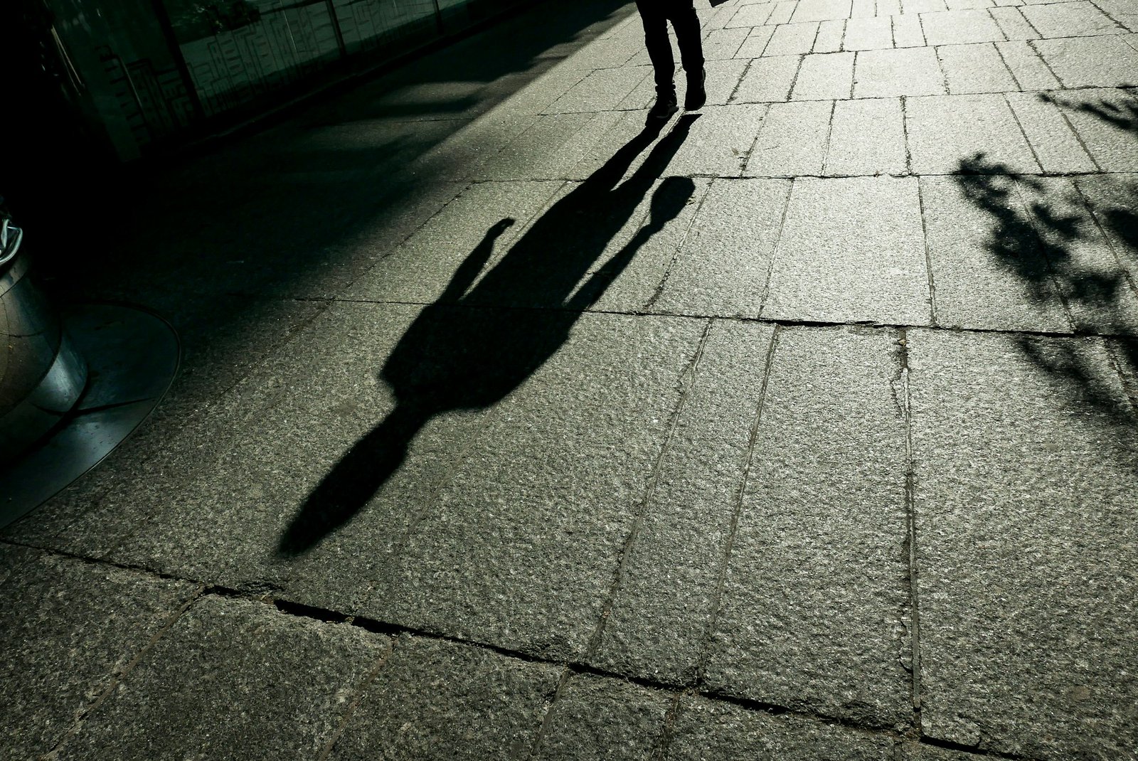 Silhouette of a person walking, casting a long shadow on the pavement