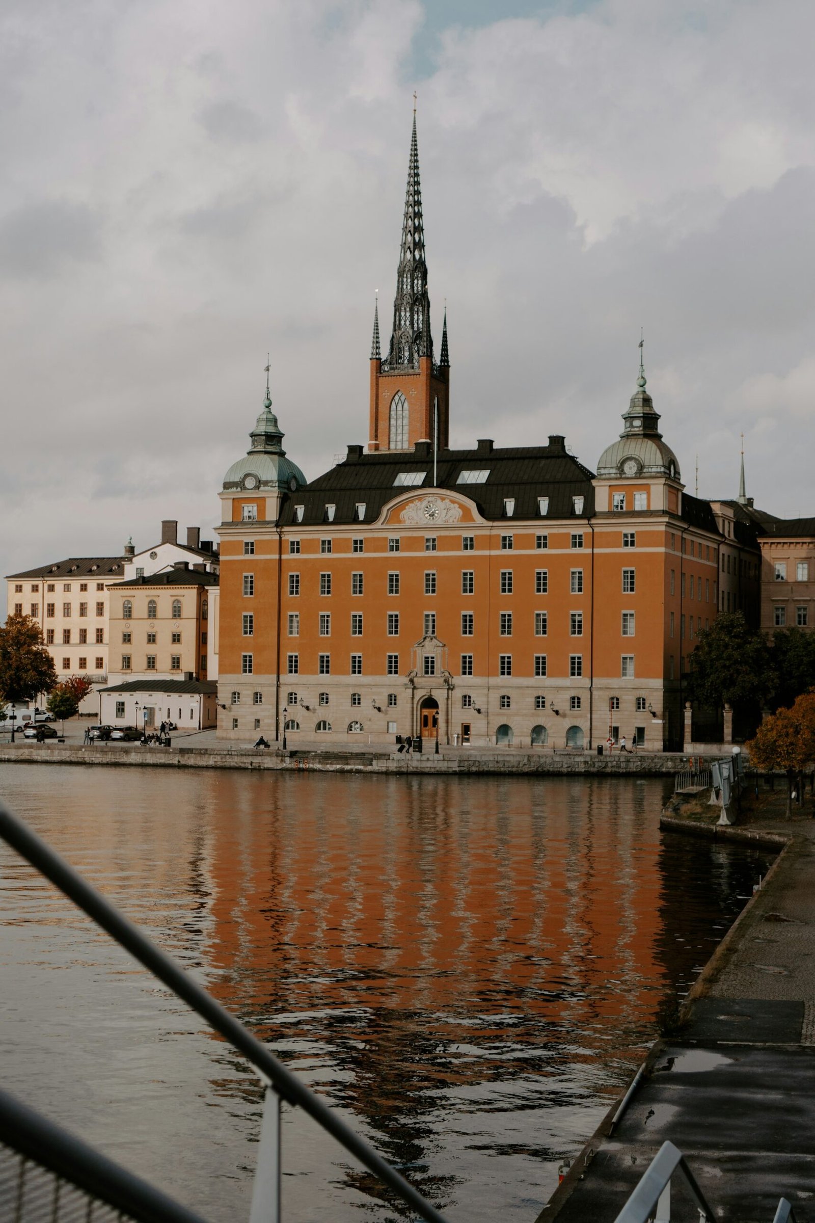 Colourful ochre and red facades of Gamla Stan, Stockholm's old town, along the waterfront