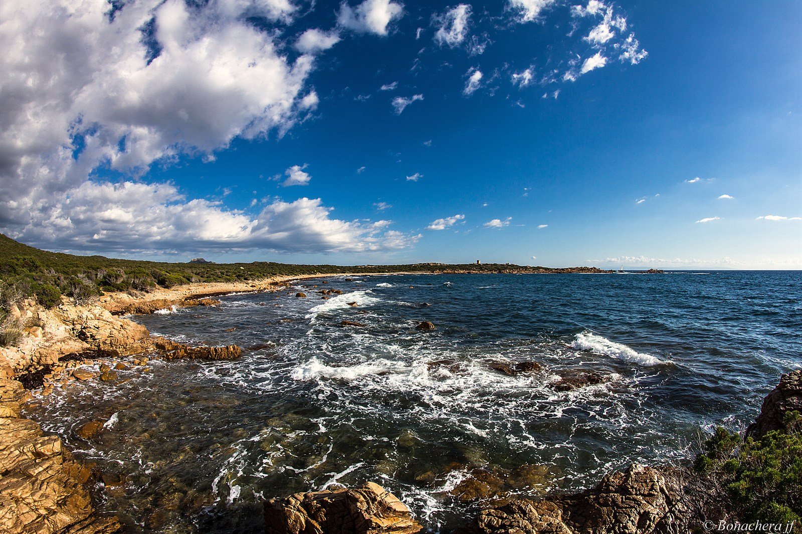 A rocky Corsican shore with low maquis scrub, the whole bay behind it broken into whitecaps under a windy sky