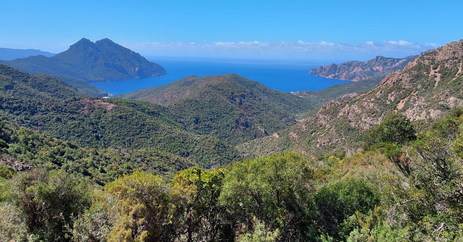 The mouth of the Gulf of Porto seen from above, deep blue water between red cliffs